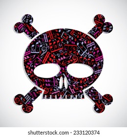 Decorative colorful vector skull filled with musical notes, keep out symbol.