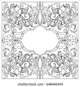 Decorative Coloring page frame with fantasy bird black on white