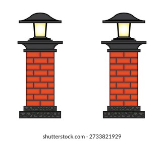 Decorative column vector design which is usually used on house fences made of red brick and has two lamps above it with black covers and the bottom is decorated with black stone fragments.