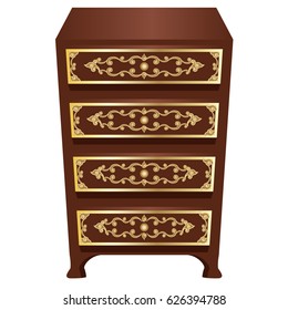 Decorative commode or cabinet to use in room or palace interior as scene element. Rich brown ornate with gold. Isolated object, vector illustration