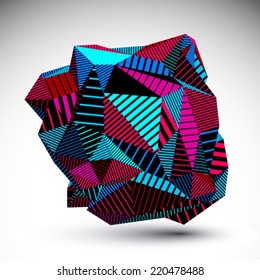 Decorative complicated unusual eps8 figure constructed from triangles with parallel black lines. Magenta striped multifaceted asymmetric contrast element, colorful illustration for technology projects