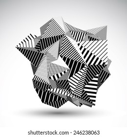 Decorative complicated unusual eps8 figure constructed from triangles with parallel black lines. Striped multifaceted asymmetric contrast element, monochrome illustration for technology projects.