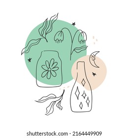 Decorative composition about witchcraft - with flowers, leaves, potions. Vector freehand drawings.