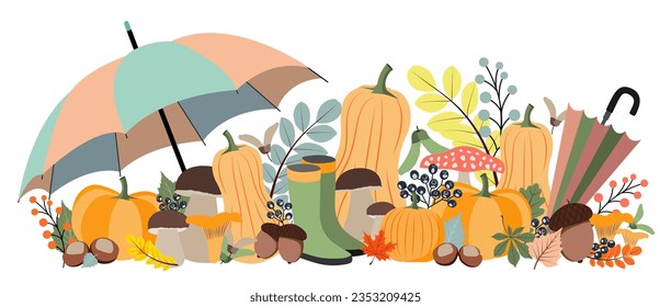 Decorative Composition of Autumn Elements. 
Pumpkin, Mushrooms, Berries, Umbrella, Fallen Autumn Leaves. Seasonal Autumn Items Vector Illustration on a White Background. Autumn Postcard