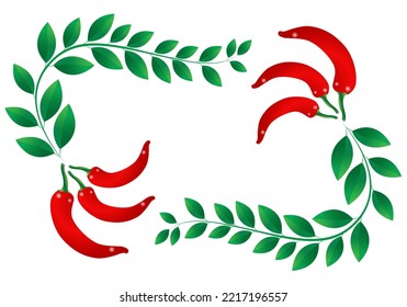 Dekorative Zusammensetzung, Hintergrund, Druck. Rote Chilischoten, grüne Blätter auf weißem Hintergrund. Modische farbige Vektorgrafik.