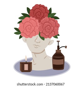 Decorative composition in the bathroom. Gypsum bust, vase for flowers. Peonies, candle, soap.