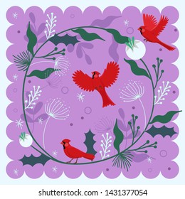Decorative composition with a bird red cardinal and plant motifs. Vector illustration.