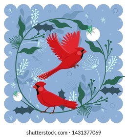 Decorative composition with a bird red cardinal and plant motifs. Vector illustration.