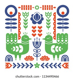 Decorative composition with birds and decorative floral elements. Nordic ornaments, folk art pattern. Vector template for your design.