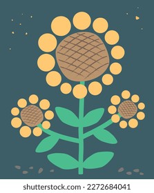 Decorative composition with blooming sunflower on blue background. Abstract cartoon style.