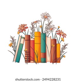 Decorative composition of books and flowers. Book lover concept. Hand-drawn vector illustration for decoration of bookstore, library, card design, poster, banner.