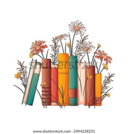Decorative composition of books and flowers. Book lover concept. Hand-drawn vector illustration for decoration of bookstore, library, card design, poster, banner.