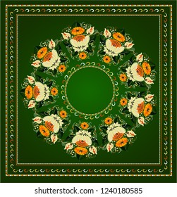 Decorative composition with bright flowers. Traditional Russian floral ornament from the Volkhov river region. Illustration, vector