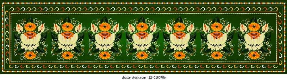 Decorative composition with bright flowers. Traditional Russian floral ornament from the Volkhov river region. Illustration, vector