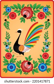 Decorative composition of bright wildflowers and leaves on a gradient background. In the center of the composition is a bird. Slavic folk style. Color vector illustration.