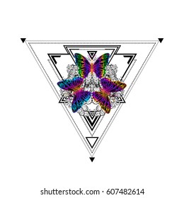 Decorative composition of butterflies and floral ornament, on a geometric background made of triangles.Unique design for a tattoo, print on t-shirts. Vector illustration poster,  card for the holiday.