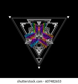Decorative composition of butterflies and floral ornament, on a geometric background made of triangles.Unique design for a tattoo, print on t-shirts. Vector illustration poster,  card for the holiday.