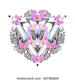 Decorative composition of butterflies and floral ornament, on a geometric background made of triangles.Unique design for a tattoo, print on t-shirts. Vector illustration poster,  card for the holiday.