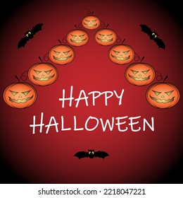 Decorative composition. Cartoon pumpkin, bats, HAPPY HALLOWEEN inscription on the background of the night sky. Attributes of the Halloween holiday. Color vector illustration.
