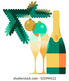 Decorative composition with christmas tree branch and bottle of champagne. Flat style vector illustration.
