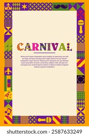 A decorative composition with colorful elements of Mardi Gras, including masks, trumpets, crowns, and festive icons. A vector illustration.