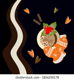 Decorative composition with a cup of coffee, gloves, hearts and a festive decoration. 
Design for holiday cards, posters, banners, postcards, prints. Vector illustration jn a black background.