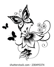 Decorative composition of curls, flower and ornamented abstract silhouette butterflies. Maybe for tattoo