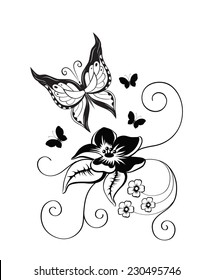 Decorative composition of curls, flower and ornamented abstract silhouette butterflies. Maybe for tattoo