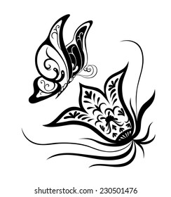 Decorative composition of curls, flower and ornamented abstract silhouette butterfly. Maybe for tattoo