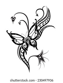 Decorative composition of curls and ornamented abstract silhouette butterfly. Maybe for tattoo