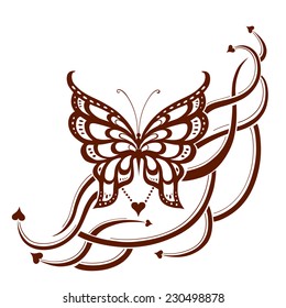 Decorative composition of curls and ornamented abstract silhouette butterfly. Maybe for tattoo