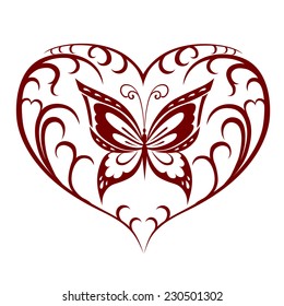 Decorative composition of curls and ornamented abstract silhouette butterfly. Maybe for tattoo