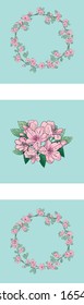 Decorative composition for decoration with pink cherry flowers and Apple blossoms woven into wreaths