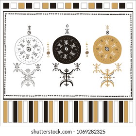 Decorative composition depicting three shamanic diamonds and symbols of ancient genera