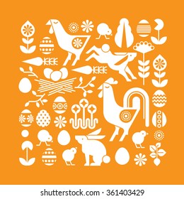 Decorative composition with easter symbols in a shape of square.