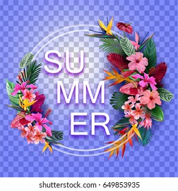 Decorative composition of exotic, tropical colors with the inscription summer for the design of brochures, banners, flyers. On a transparent background. All elements are isolated and edited
