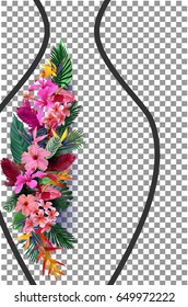 Decorative composition of exotic, tropical flowers against the silhouette of a female figure. On a transparent background. All elements are isolated and edited.Vector