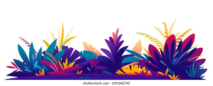 Decorative composition of fantastic jungle plants in different colors on ground, composition of plants on the sunny lawn in saturated colors, isolated