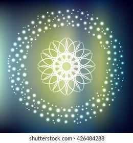 Decorative composition of fine carved spirograph and light rings/Line flower in a round frame of glowing lights on blurred vector background 