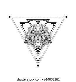 Decorative composition of floral ornament, on a geometric background made of triangles.Unique design for a tattoo, print on t-shirts. Vector illustration poster,  card for the holiday.