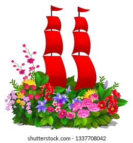 Decorative composition in the form of plants, flowers and red sails isolated on white background. Vector cartoon close-up illustration.