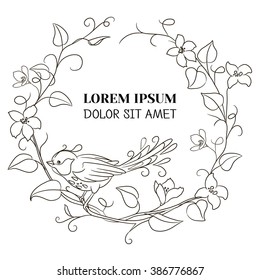 Decorative composition. Frame for design with a blossoming branch and a bird. Vector illustration contour isolated on white background