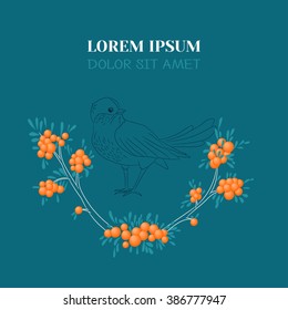 Decorative composition. Frame design with a branch with berries and leaves and bird. Vector illustration