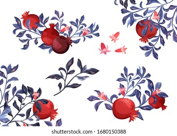 Decorative Composition And Frame With Pomegranate On A White Background. Plant Elements Set.