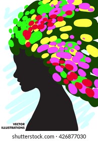 Decorative composition of girl silhouette with abstract hairstyle. hand-drawn. Individual corporate identity. It can be used as a postcard. Vector illustration