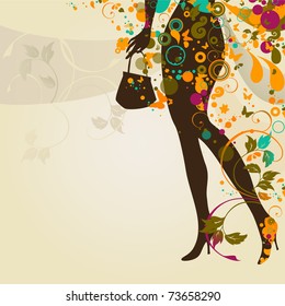 decorative composition with girl`s legs and bag