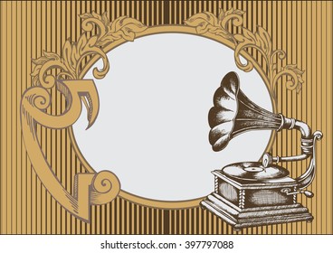 Decorative composition with hand drawing Gramophone. engraving style. vector illustration.