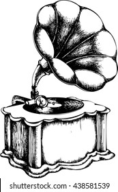 Decorative composition with hand drawing Gramophone. engraving style