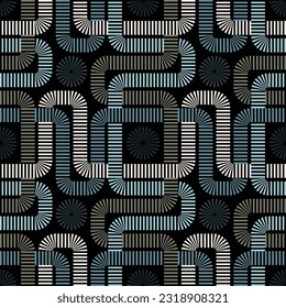 Decorative composition of intersecting dashed lines on a black background. Retro style labyrinth design. Seamless geometric pattern. Graphic texture for textile, wrapping,  and print.