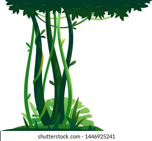 Decorative composition of jungle trees and lianas on white background, green silhouette of vegetation of the jungle, topical forest plants